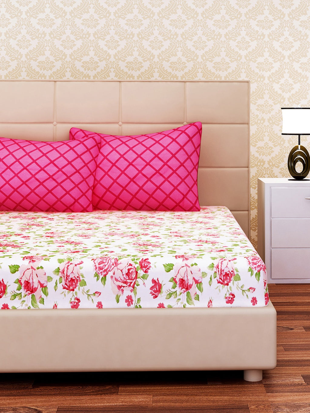SEJ by Nisha Gupta White & Pink Floral 144 TC Cotton 1 King Bedsheet with 2 Pillow Covers | Grocsy