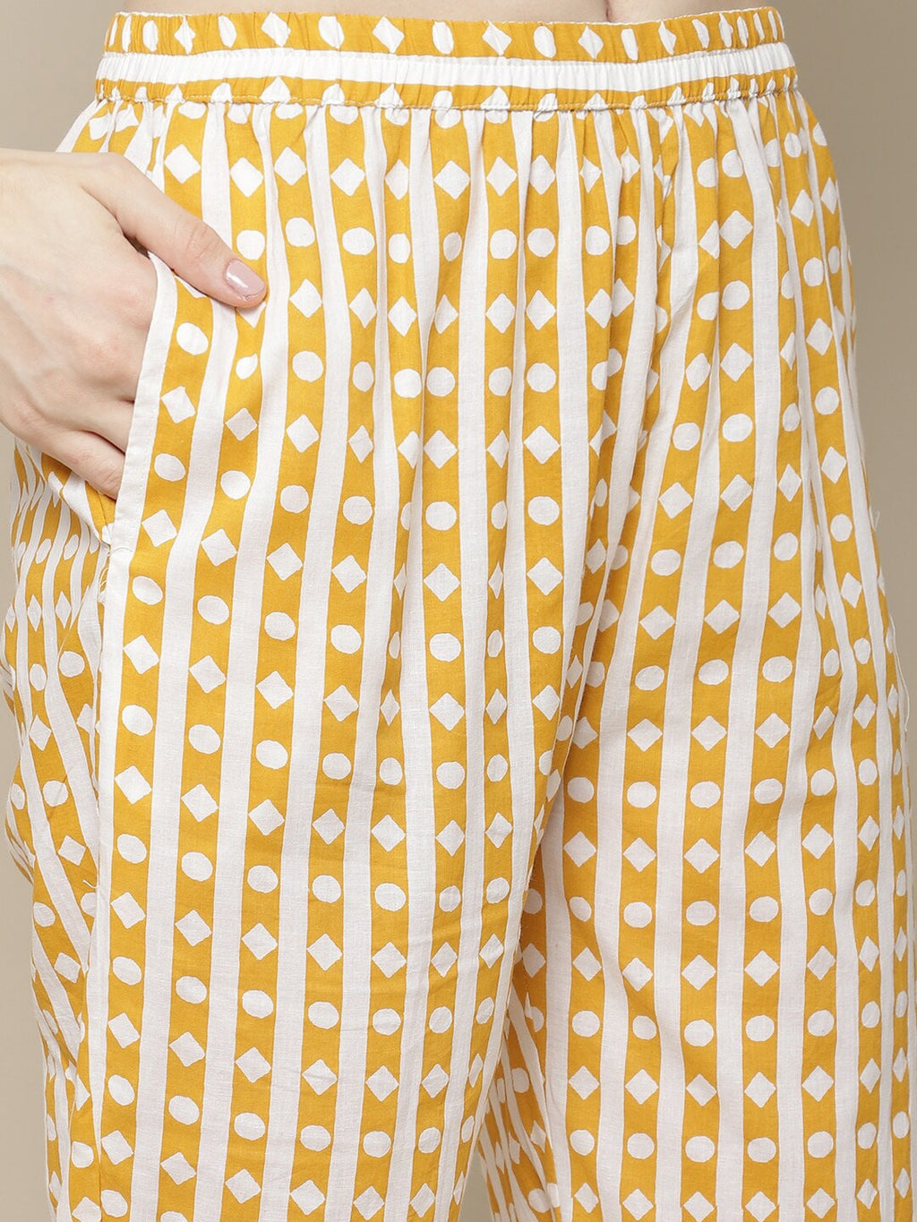 Sangria Women Yellow Printed Pure Cotton Kurti with Trousers & Dupatta Set | Grocsy