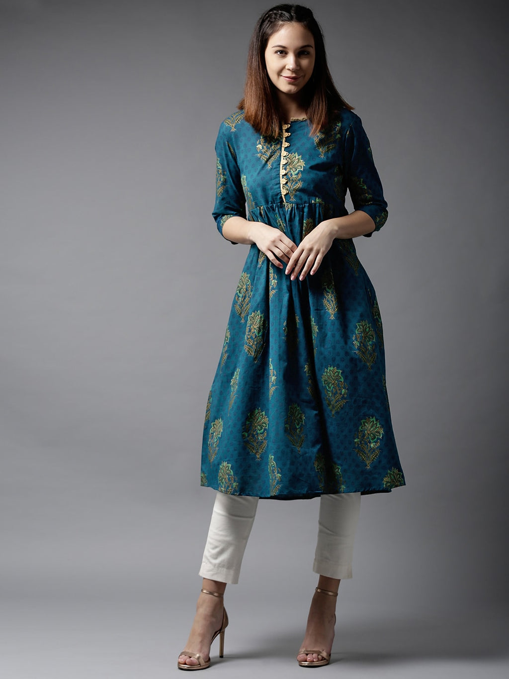 HERE&NOW Women Teal & Green Printed A-Line Kurta | Grocsy