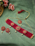 Cardinal Gold-Toned & Pink Onyx-Studded & Beaded Jewellery Set | Grocsy