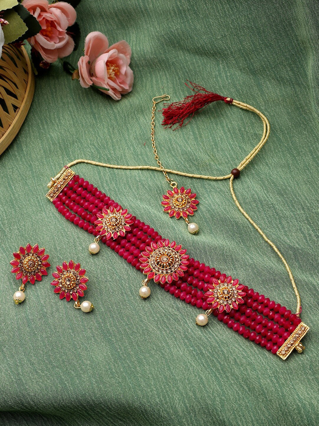 Cardinal Gold-Toned & Pink Onyx-Studded & Beaded Jewellery Set | Grocsy