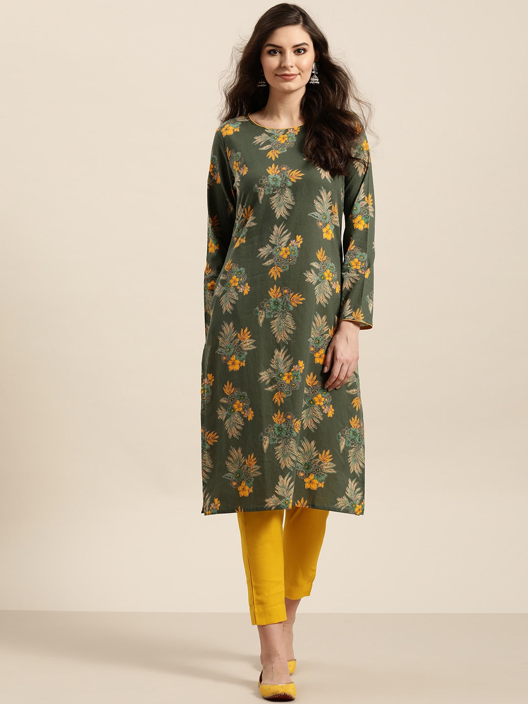 Sangria Women Olive Green & Mustard Yellow Pure Cotton Floral Printed Kurta | Grocsy