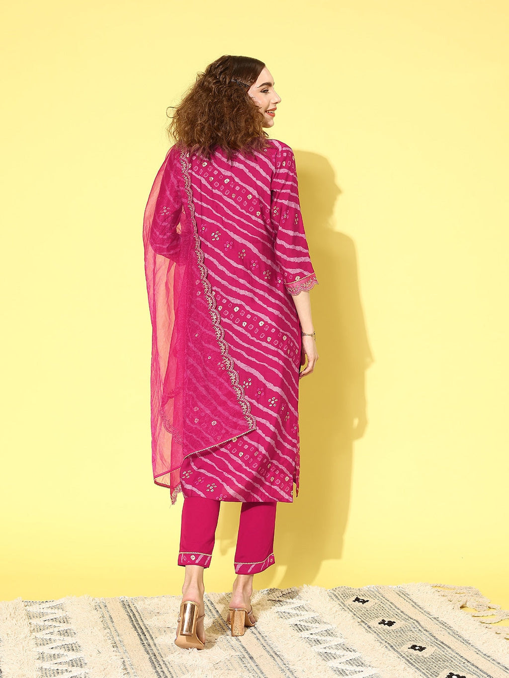 Sangria Women Leheriya Printed Regular Thread Work Kurta with Trousers & With Dupatta | Grocsy