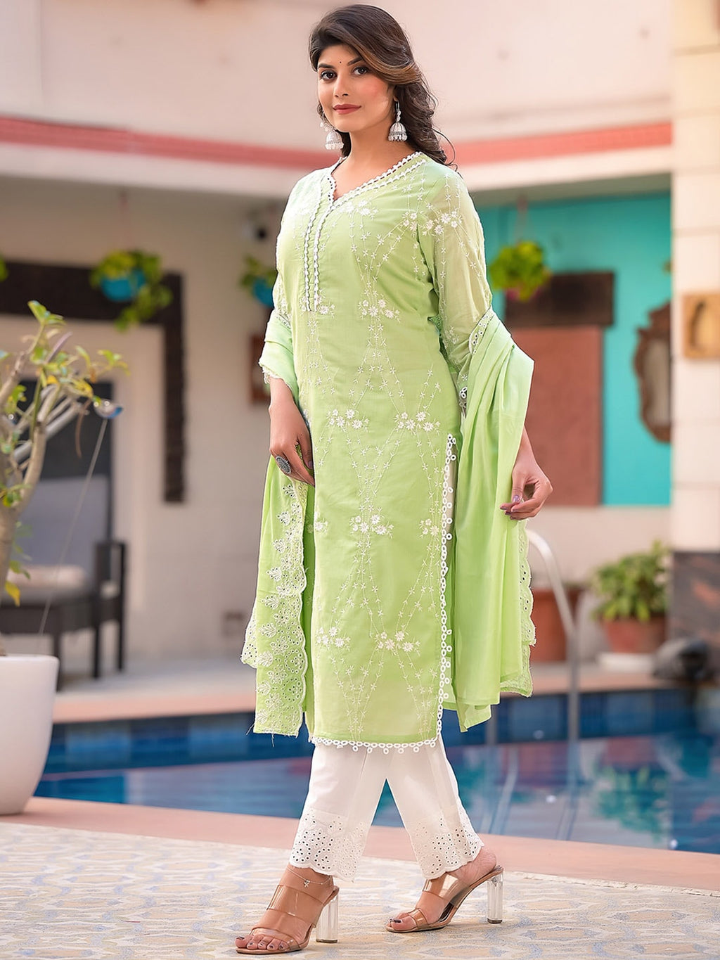 Sangria Green Embroidered Pure Cotton Straight Kurta With Trouser & Dupatta | Grocsy