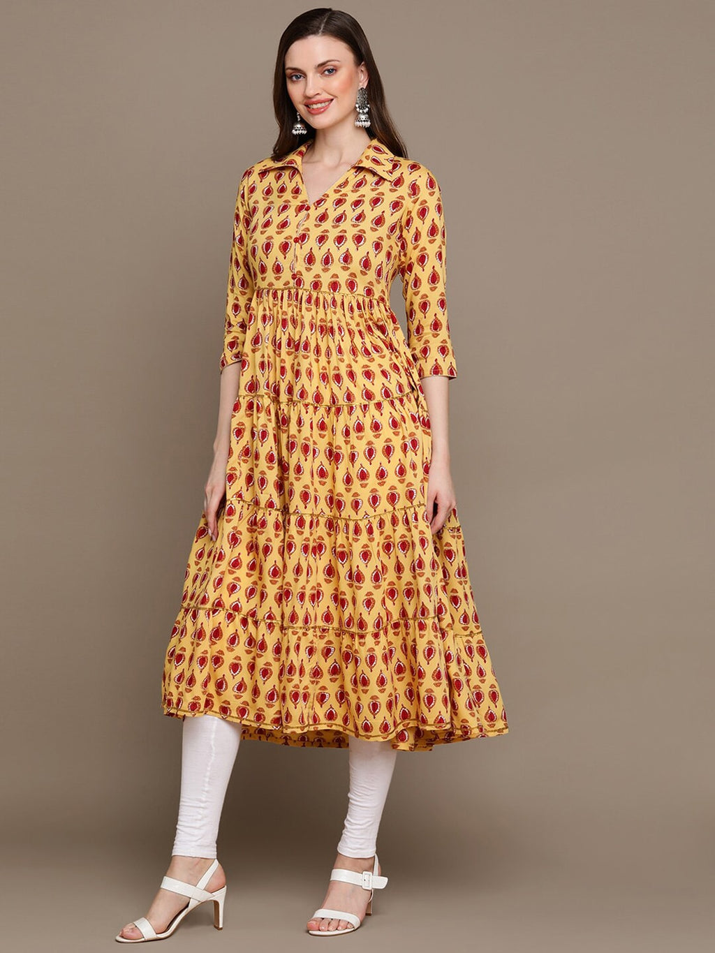 HERE&NOW Ethnic Motifs Printed Shirt Collar Pure Cotton Anarkali Kurta | Grocsy
