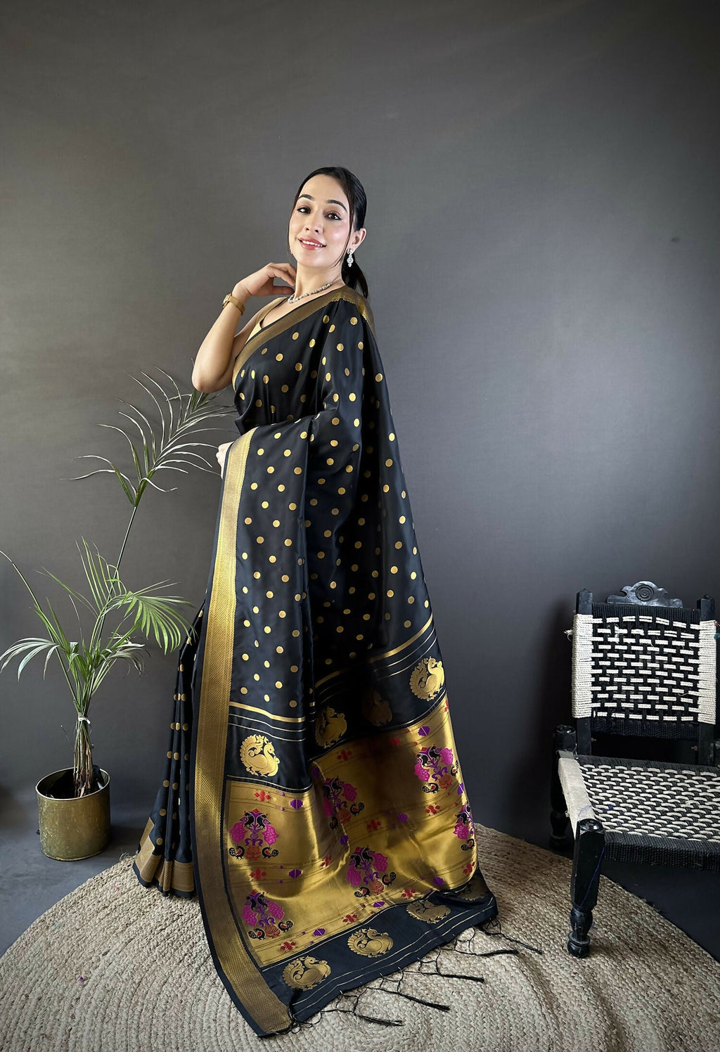 Joban Fashion Black Polka Dot Lichi Silk Paithani Silk Saree | Grocsy
