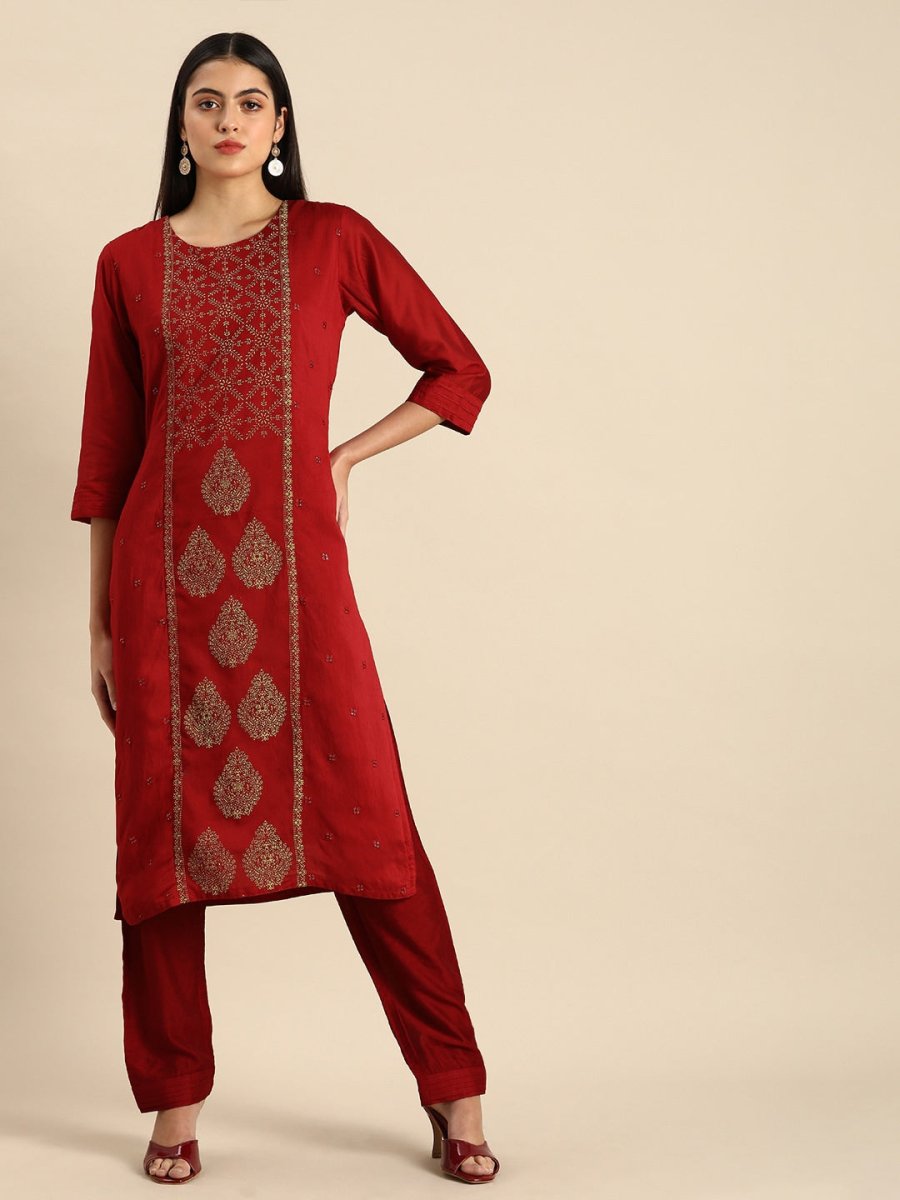 All About You Women Red & Golden Ethnic Motifs Embroidered Kurta Set | Grocsy