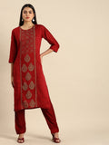 All About You Women Red & Golden Ethnic Motifs Embroidered Kurta Set | Grocsy