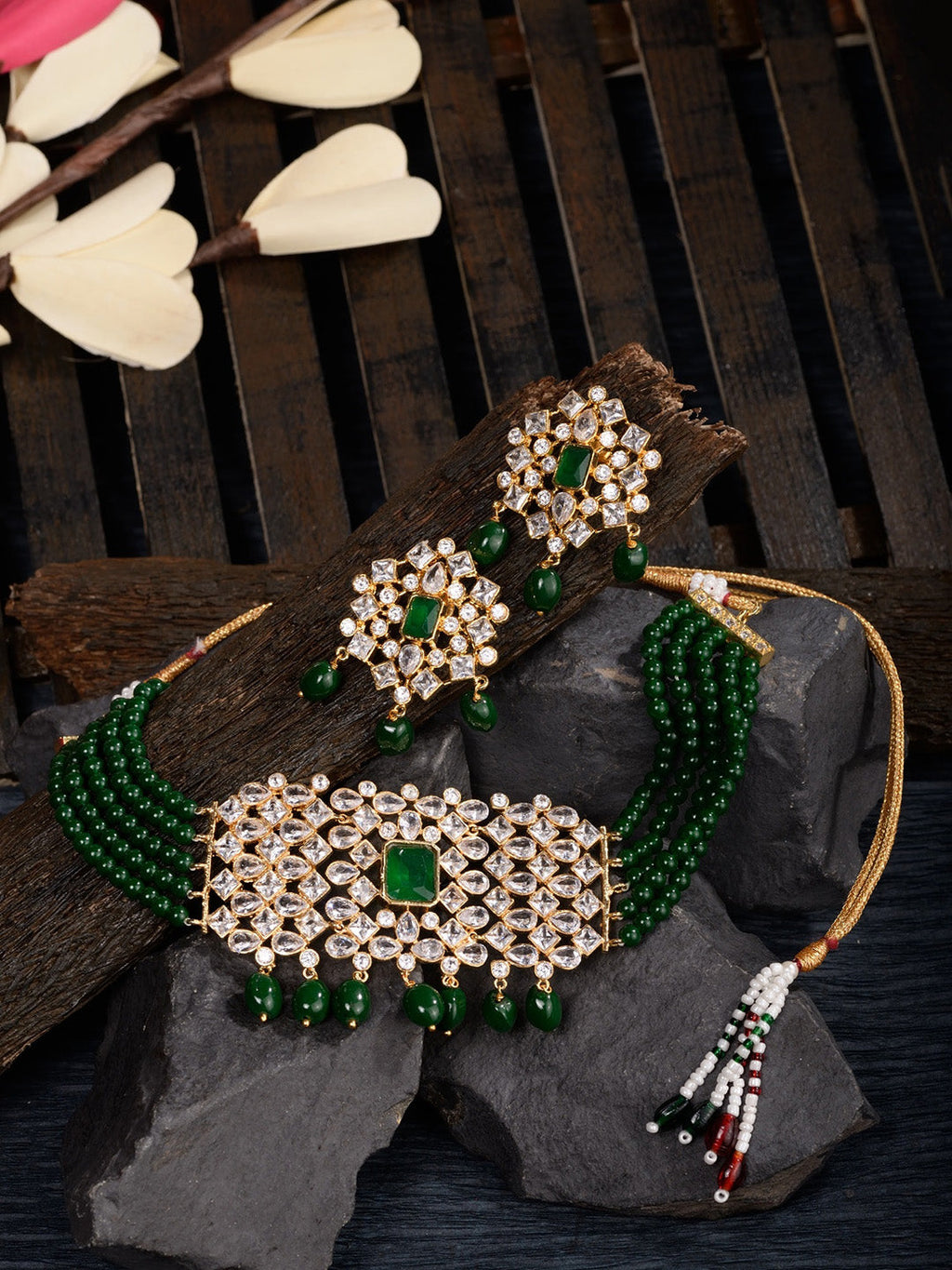 Saraf RS Jewellery Gold-Polished White & Green American Diamond Studded Choker Jewellery Set | Grocsy