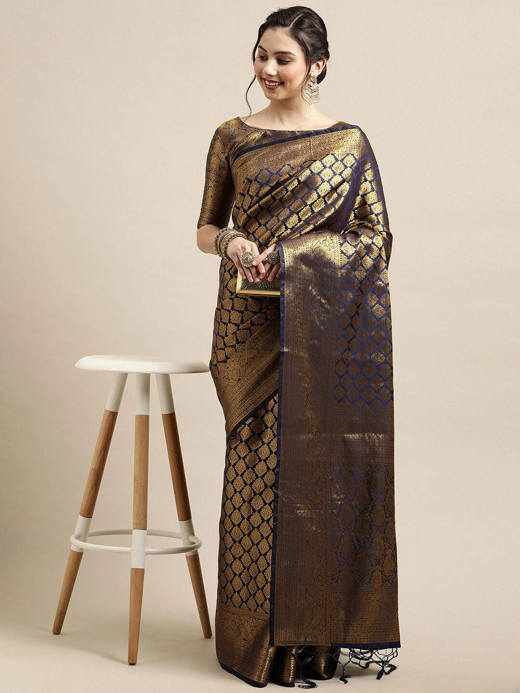 Saree Mall Navy Blue & Gold-Toned Ethnic Motifs Zari Silk Blend Banarasi Saree | Grocsy