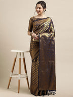 Saree Mall Navy Blue & Gold-Toned Ethnic Motifs Zari Silk Blend Banarasi Saree | Grocsy