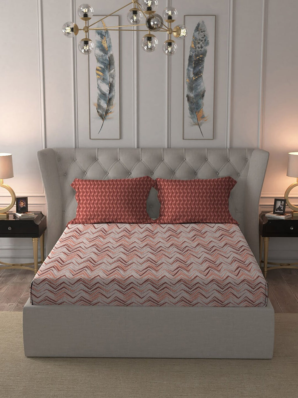MYTRIDENT Peach Maroon Geometric Pure Cotton 144 TC Queen Bedsheet Pillow Covers | Grocsy
