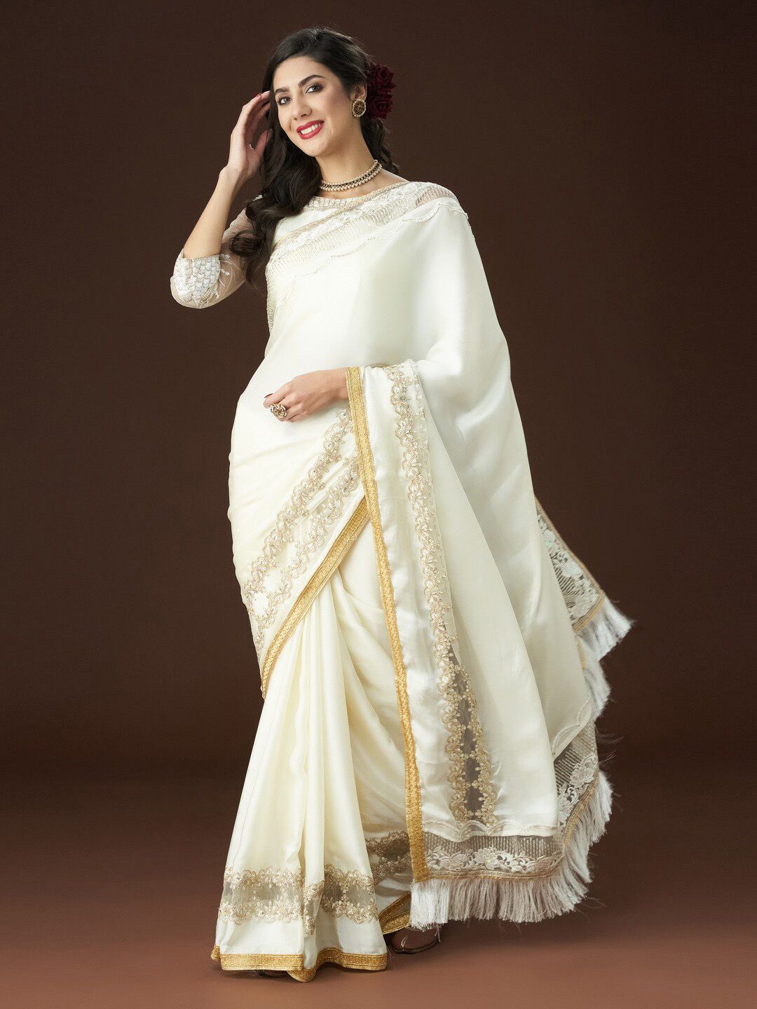 kasee Embroidered Embellished Satin Saree | Grocsy