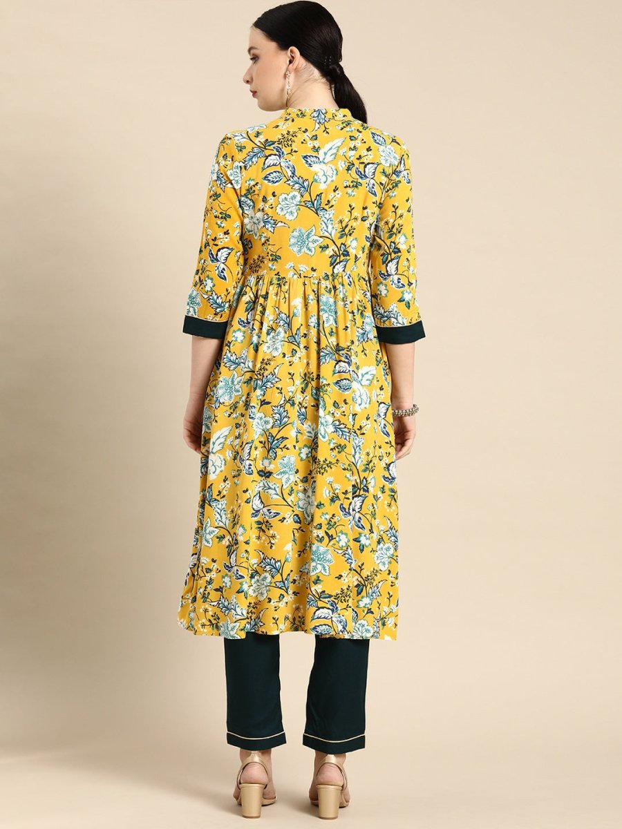 All About You Women Yellow Floral Print Regular Kurta with Trousers | Grocsy