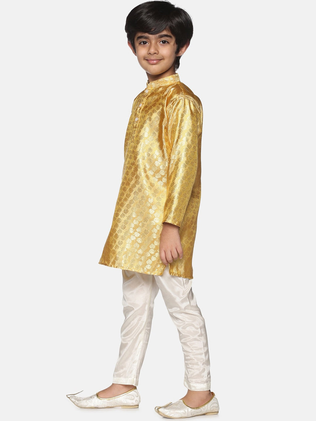 Sethukrishna Boys Gold-Coloured & White Ethnic Motifs Kurta with Pyjamas | Grocsy