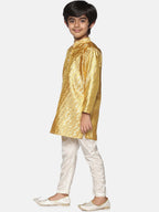 Sethukrishna Boys Gold-Coloured & White Ethnic Motifs Kurta with Pyjamas | Grocsy