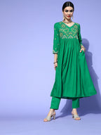 Sangria Women Green Yoke Design Empire Kurta with Trousers | Grocsy