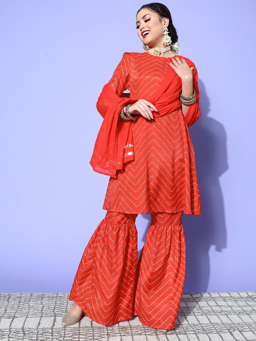 HERE&NOW Women Bandhani Polyester Fusion Bottom Kurta Set | Grocsy