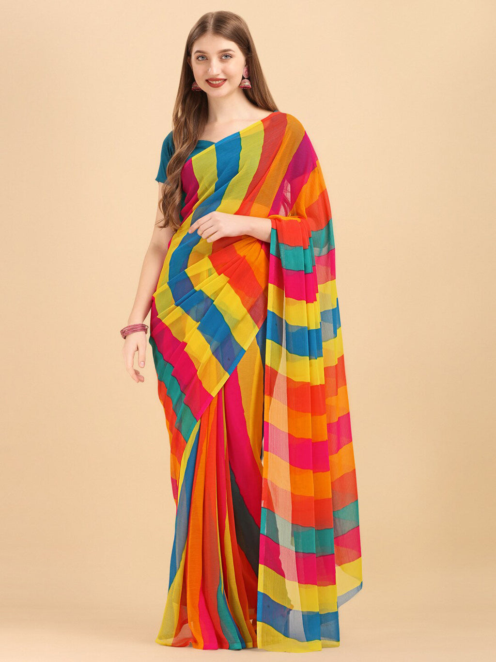 Sangria Yellow & Turquoise Blue Colourblocked Pure Chiffon Saree | Grocsy
