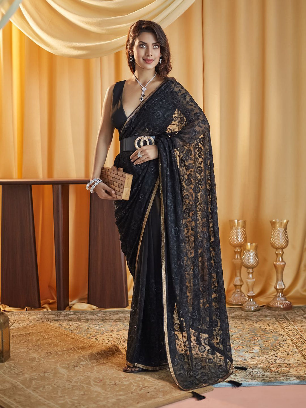 kasee Embellished Chikankari Pure Chiffon Saree | Grocsy