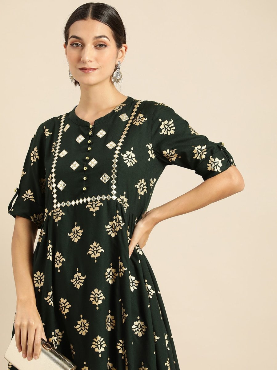 All About You Women Teal Green & Gold-Toned Ethnic Motifs Printed Mirror Work Kurta | Grocsy