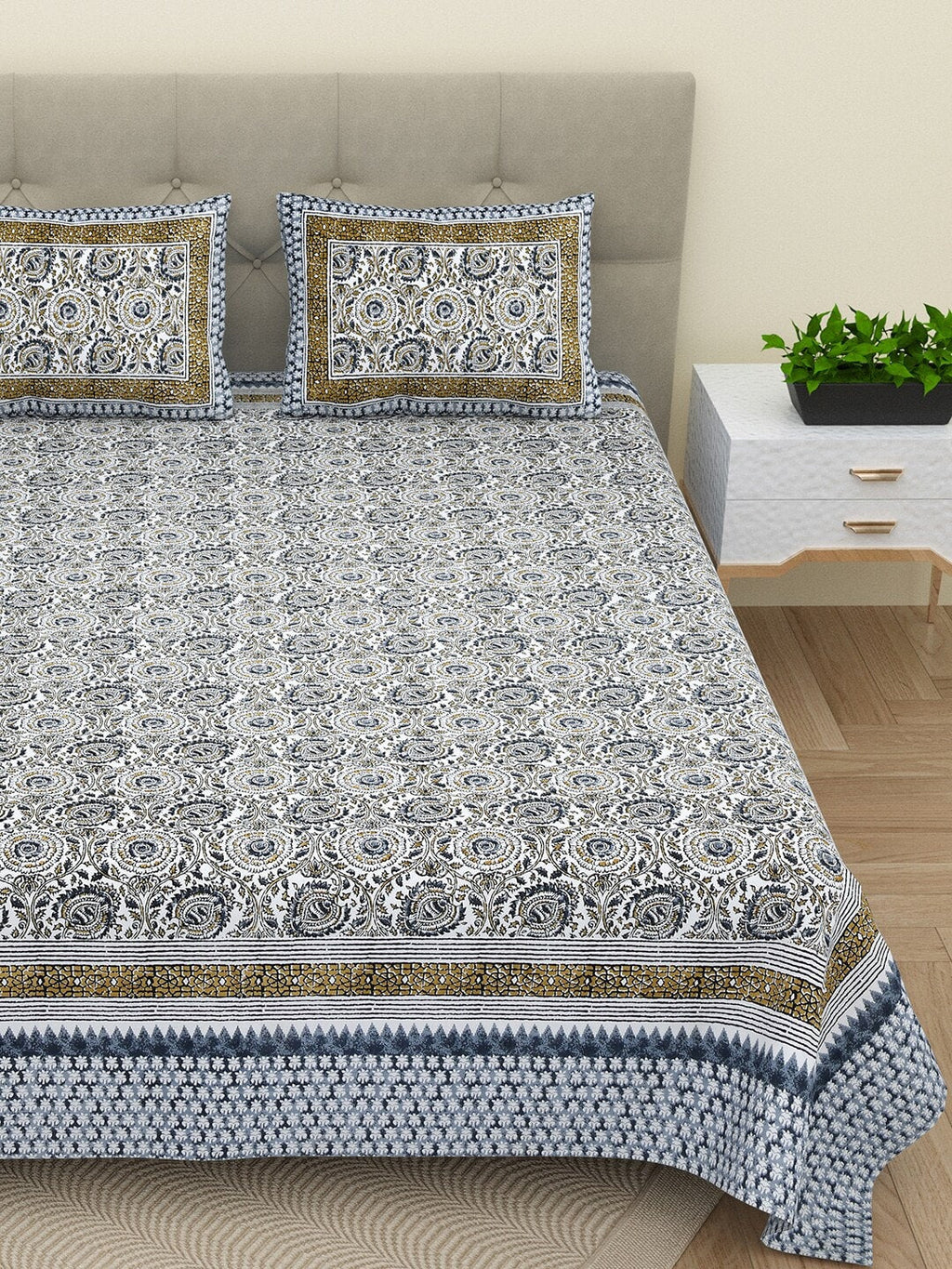 BELLA CASA Ethic White & Blue Printed Cotton 180 TC King Bedsheet with 2 Pillow Covers | Grocsy