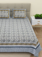 BELLA CASA Ethic White & Blue Printed Cotton 180 TC King Bedsheet with 2 Pillow Covers | Grocsy