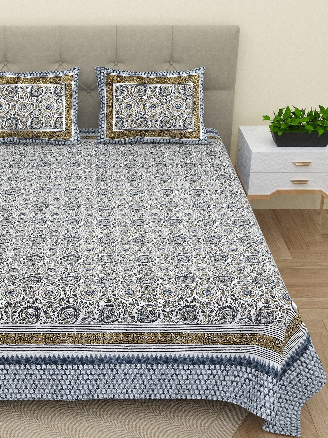 BELLA CASA Ethic White & Blue Printed Cotton 180 TC King Bedsheet with 2 Pillow Covers | Grocsy