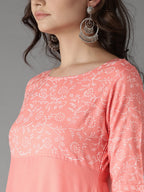 HERE&NOW Women Peach-Coloured Handblock Print A-Line Kurta | Grocsy