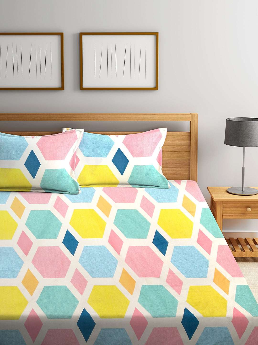 KLOTTHE Multicoloured Geometric 300 TC Fitted Double Bedsheet with 2 Pillow Covers | Grocsy