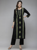 ADA Women Black & Green Ethnic Motifs Embroidered Chikankari Handloom Handloom Kurta | Grocsy