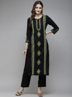 ADA Women Black & Green Ethnic Motifs Embroidered Chikankari Handloom Handloom Kurta | Grocsy