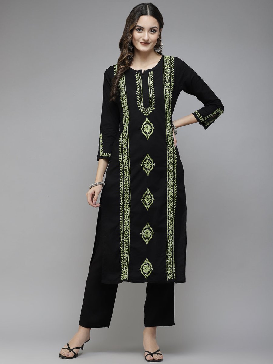 ADA Women Black & Green Ethnic Motifs Embroidered Chikankari Handloom Handloom Kurta | Grocsy