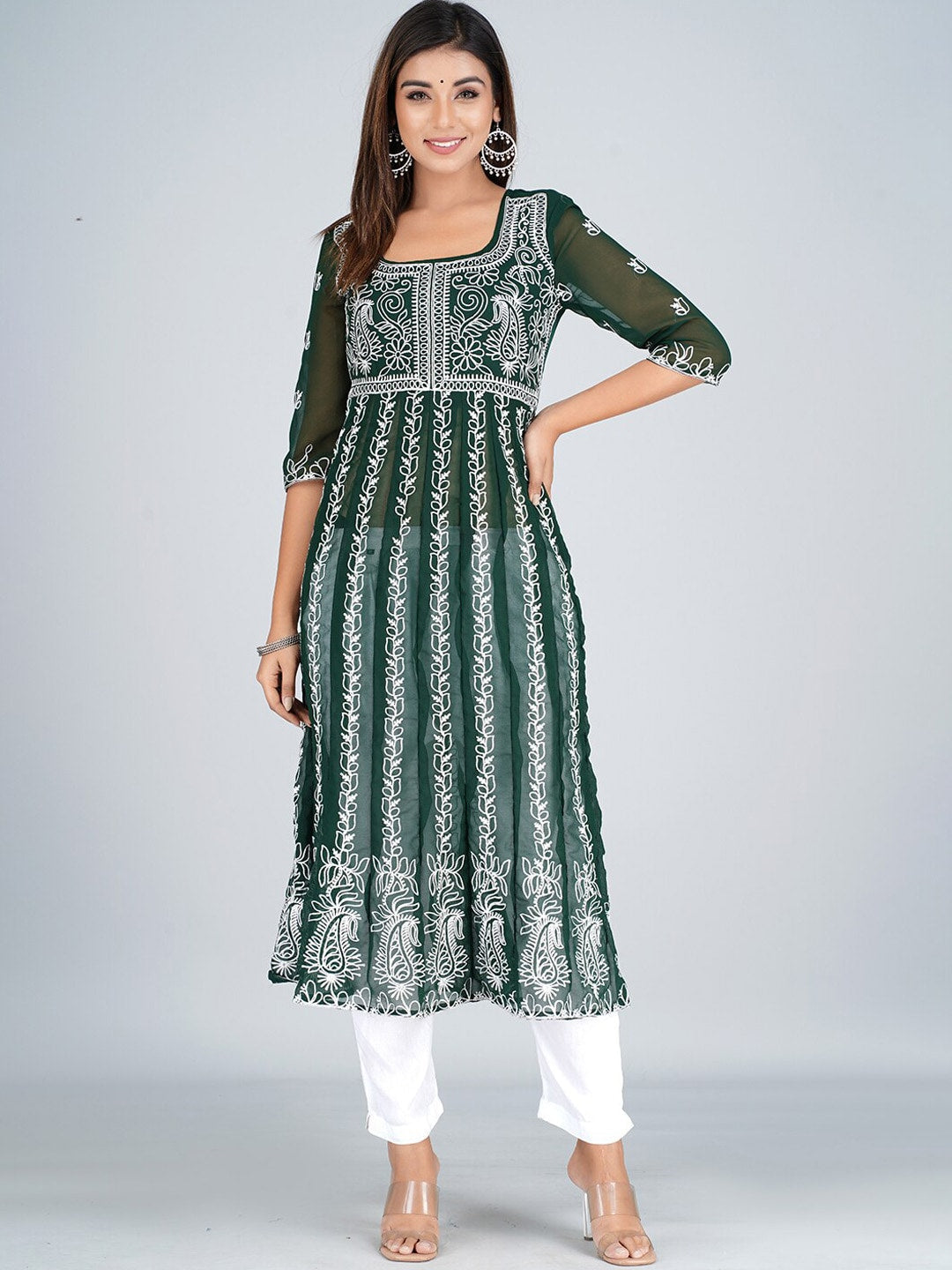 HERE&NOW Ethnic Motifs Embroidered Square Neck Georgette Anarkali Kurta | Grocsy