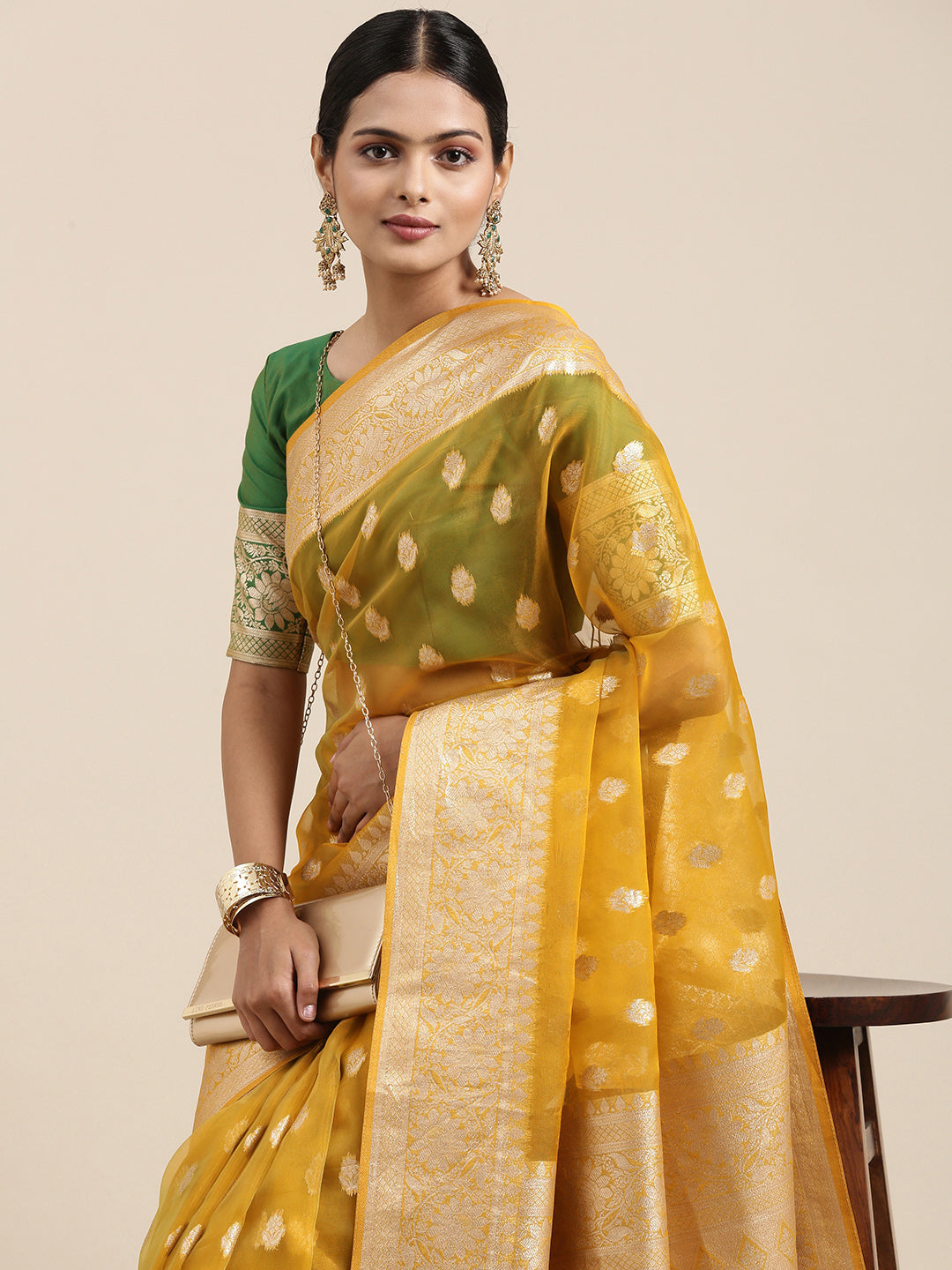 Saree Mall Mustard Ethnic Motifs Zari Organza Banarasi Saree | Grocsy