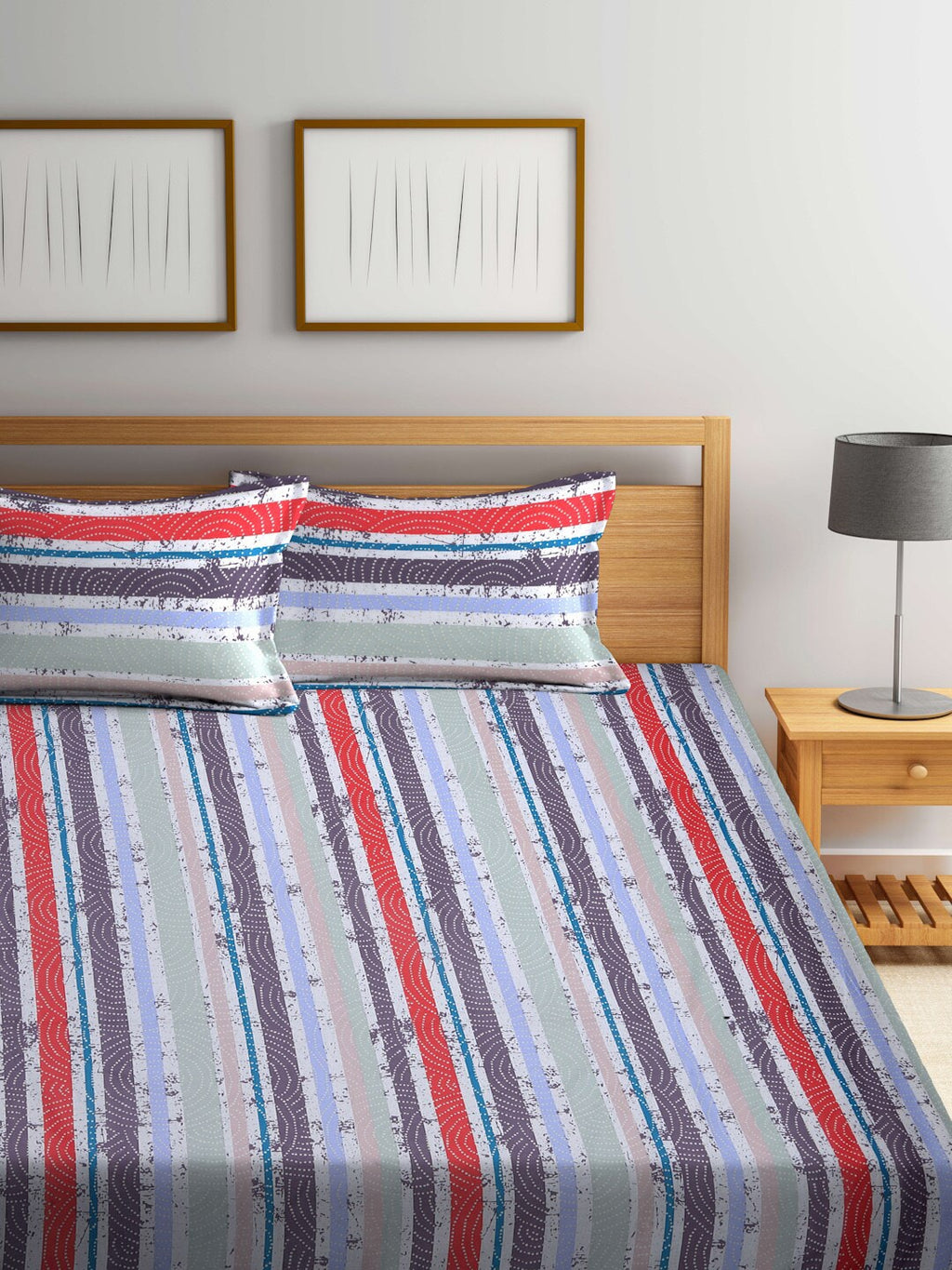 BOMBAY DYEING Red & Blue Striped Cotton 120 TC King Bedsheet with 2 Pillow Covers | Grocsy
