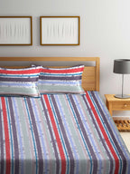 BOMBAY DYEING Red & Blue Striped Cotton 120 TC King Bedsheet with 2 Pillow Covers | Grocsy