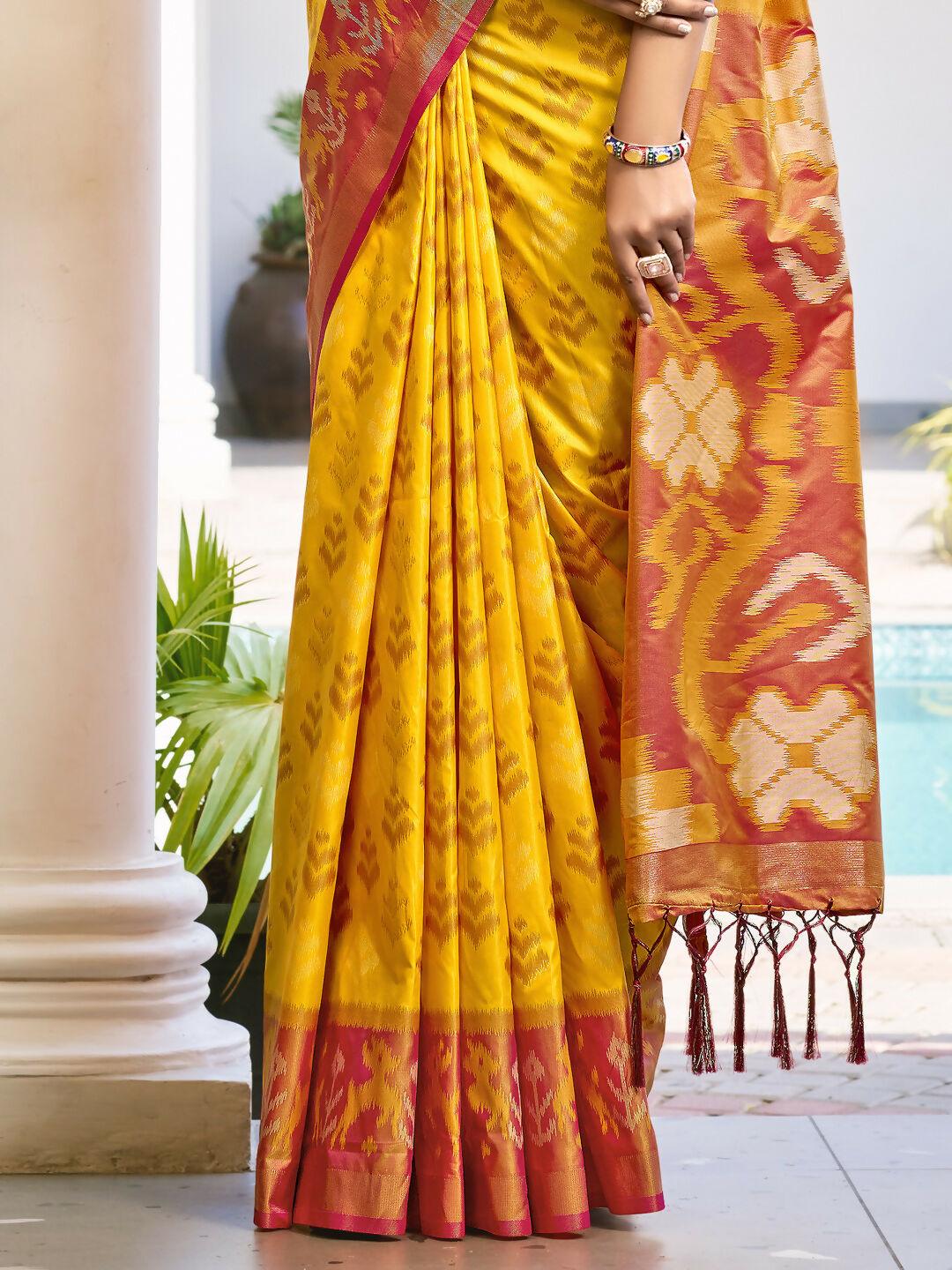 Shree Shyam Fashion Pochampalli Silk Yellow Saree | Grocsy