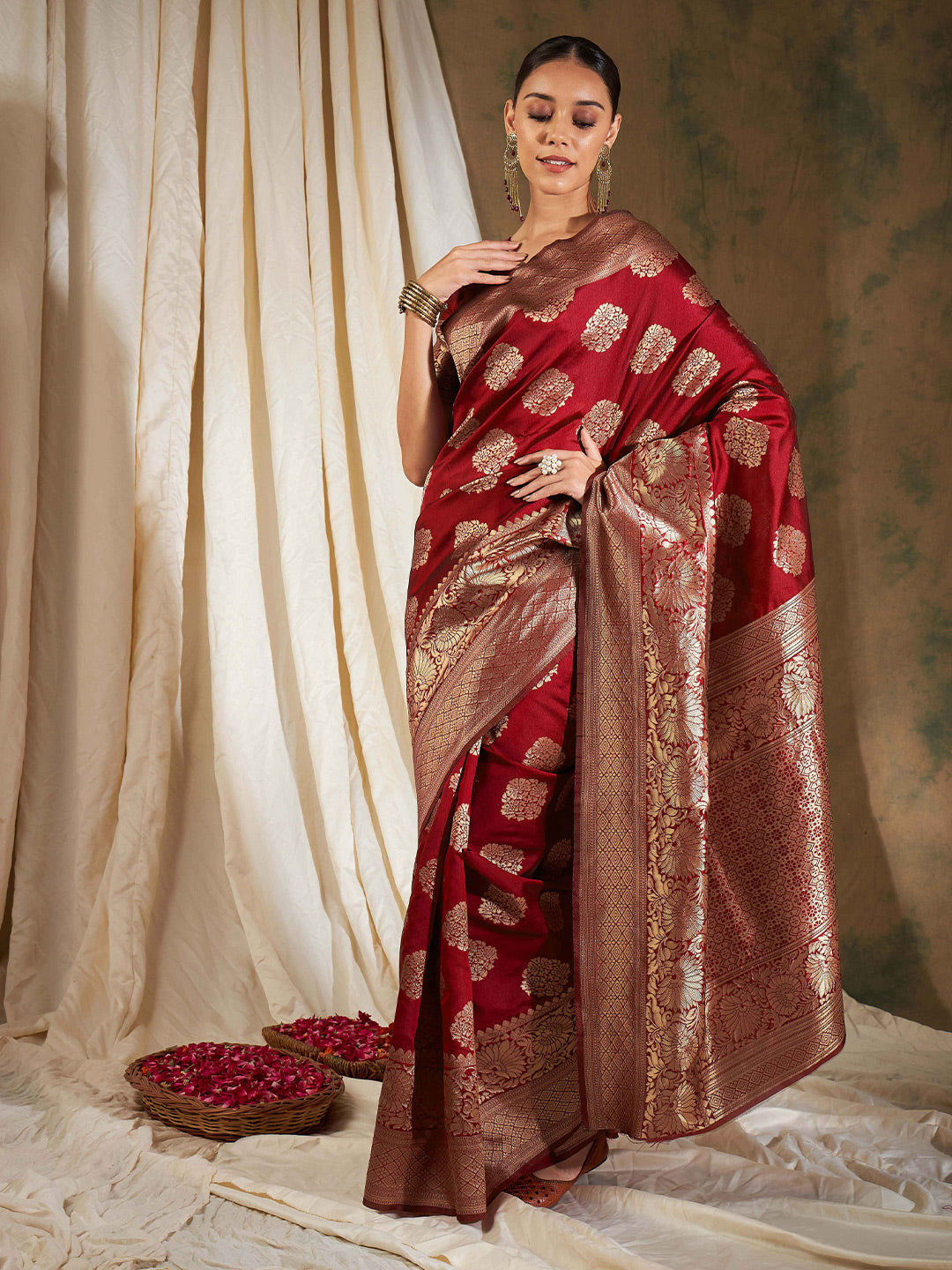 Sangria Red Ethnic Motifs Woven Design Zari Banarasi Saree | Grocsy