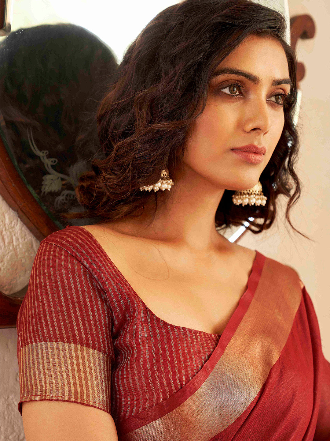 Tikhi Imli Maroon & Gold Toned Zari Woven Design Saree | Grocsy