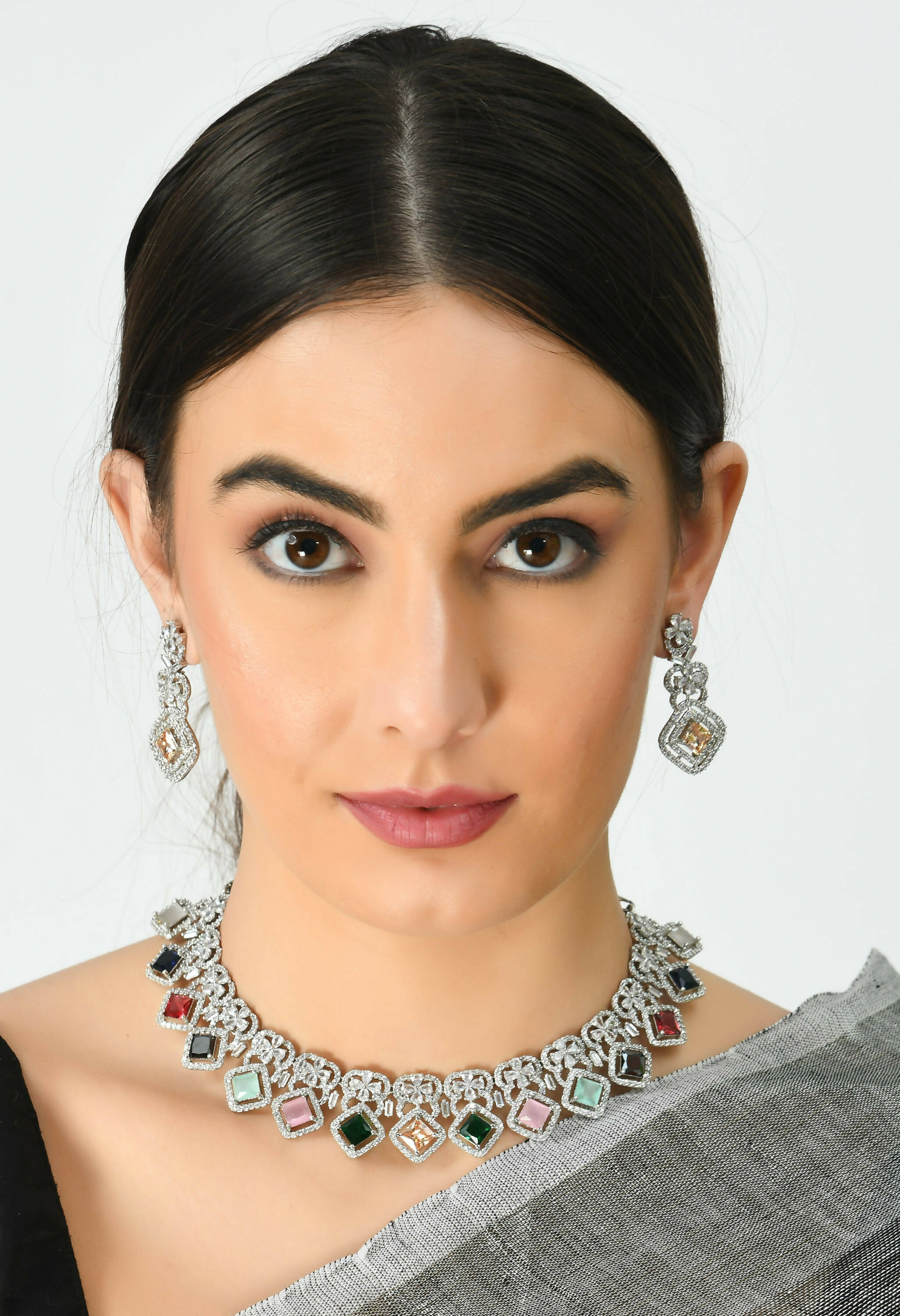 Mominos Fashion Johar Kamal Women Silver-Plated American Diamond Multi Colour Choker Set | Grocsy