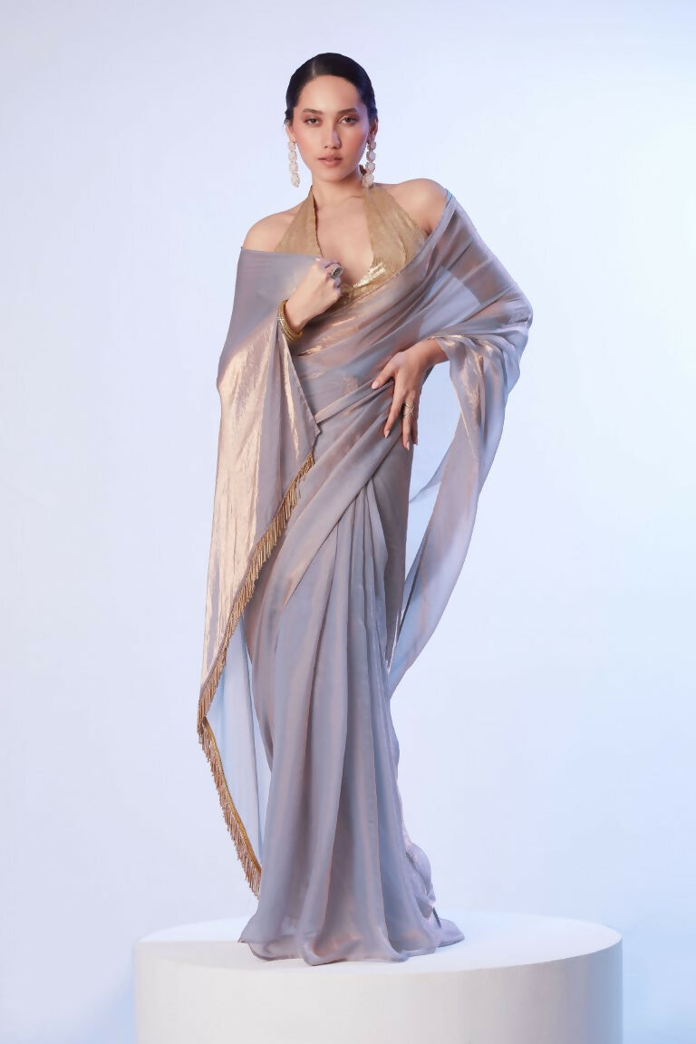 Lavender Satin Gold Organza Solid Designer & Lace Work Saree - Samaa | Grocsy