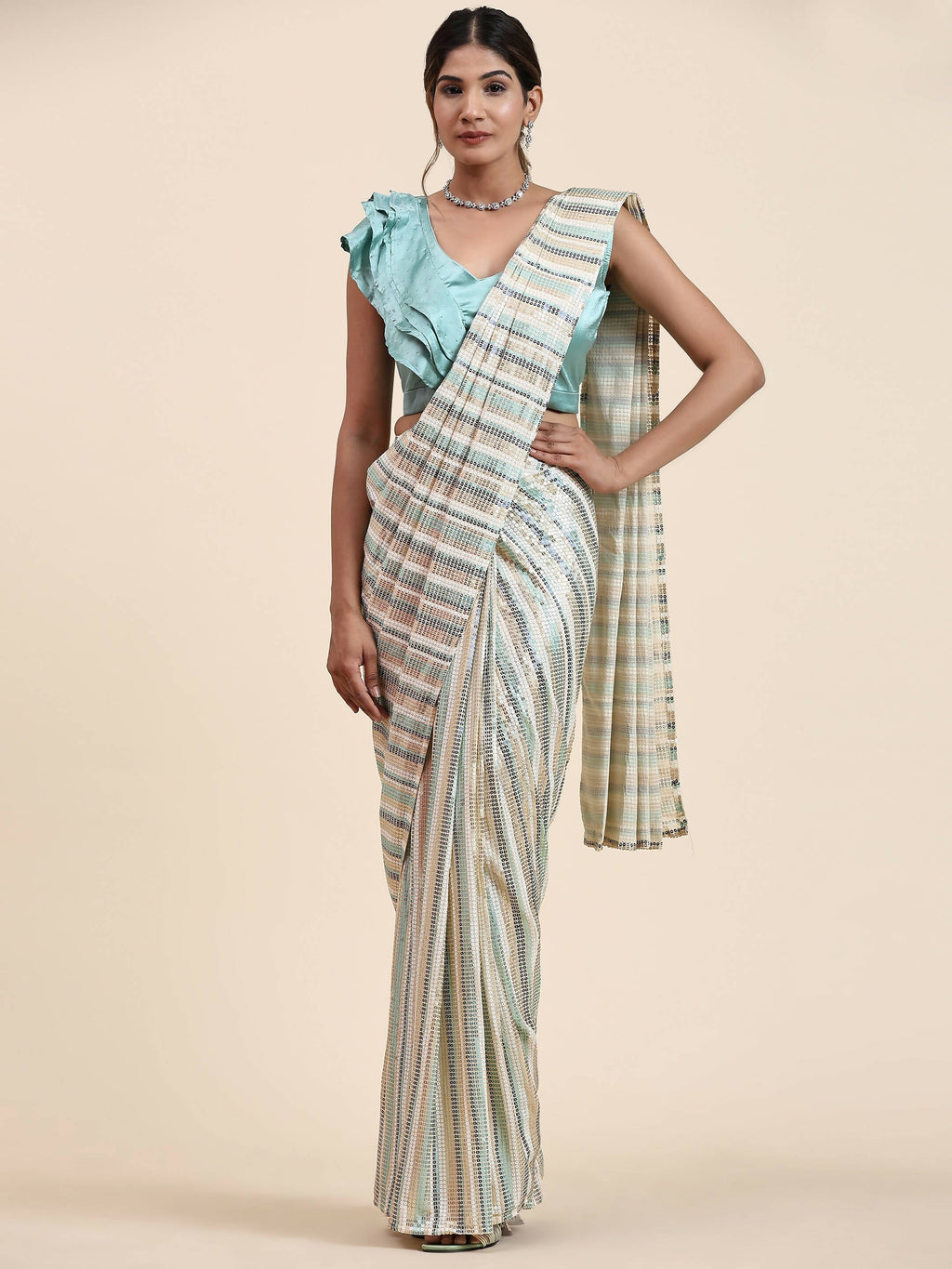 Sky Blue Pure Georgette Sequence work Ready to wear Saree with stitched Blouse - Satiksha | Grocsy