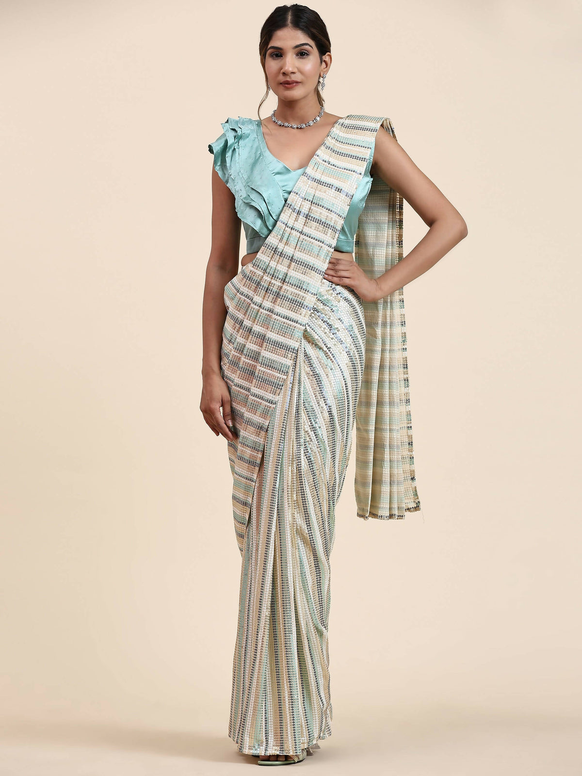 Sky Blue Pure Georgette Sequence work Ready to wear Saree with stitched Blouse - Satiksha | Grocsy