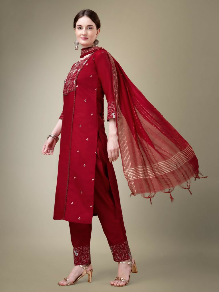Jyoti Fashion Women's Maroon Cotton Blend Embroidery & Fancy Lace work Kurta with Trouser & Dupatta | Grocsy