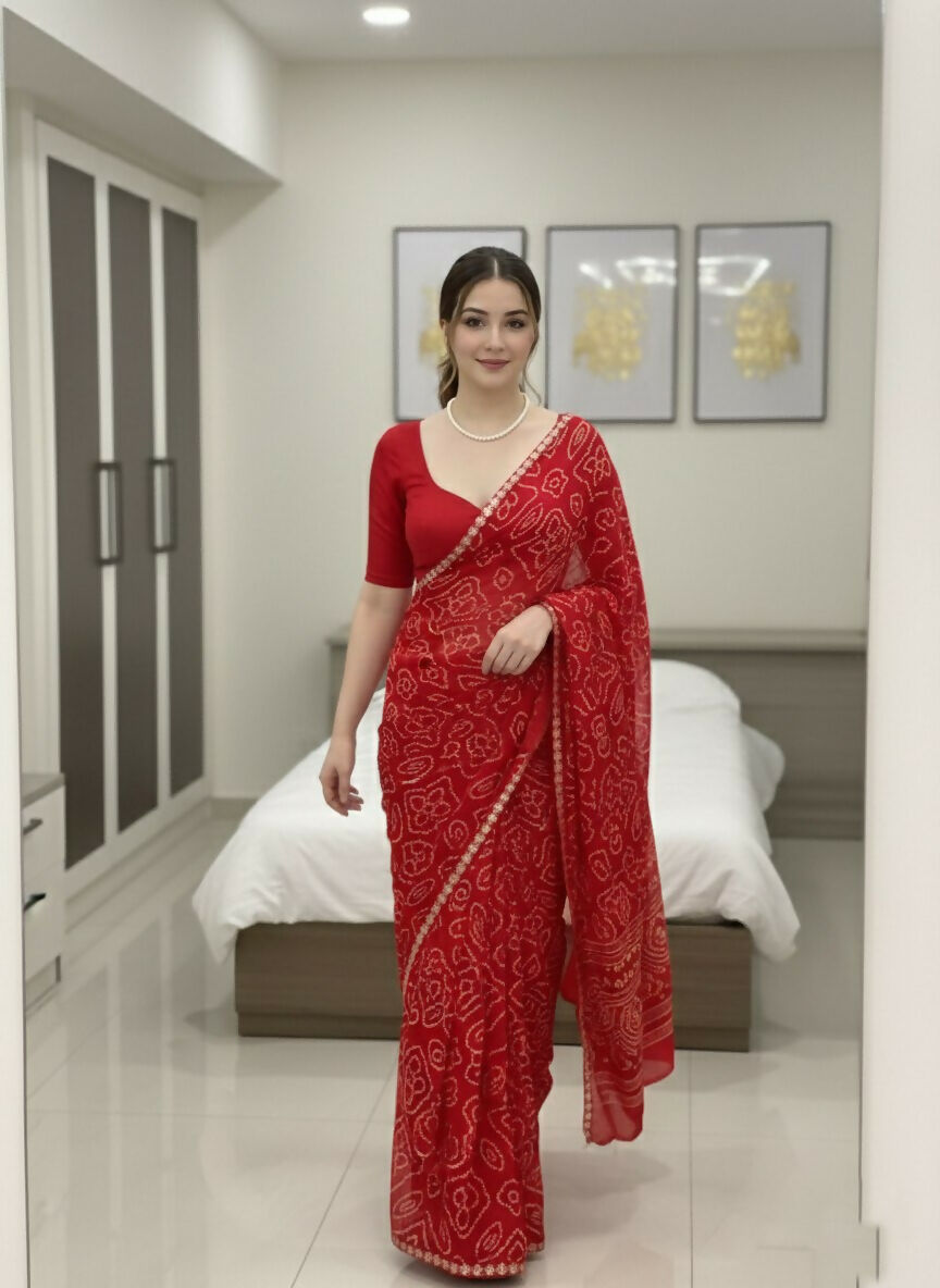 Teeya Creation Womens New Simply Daily Wear Georgette Saree-Red | Grocsy
