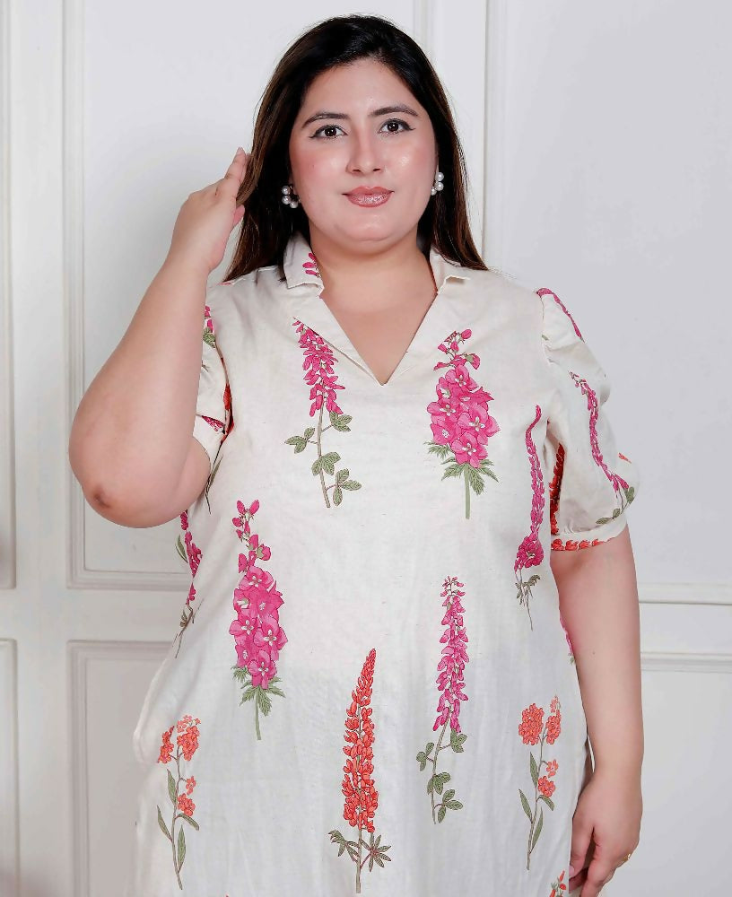 Miravan Plus Size Womens Off White Flower Printed Cotton Flex Maxi Dress | Grocsy