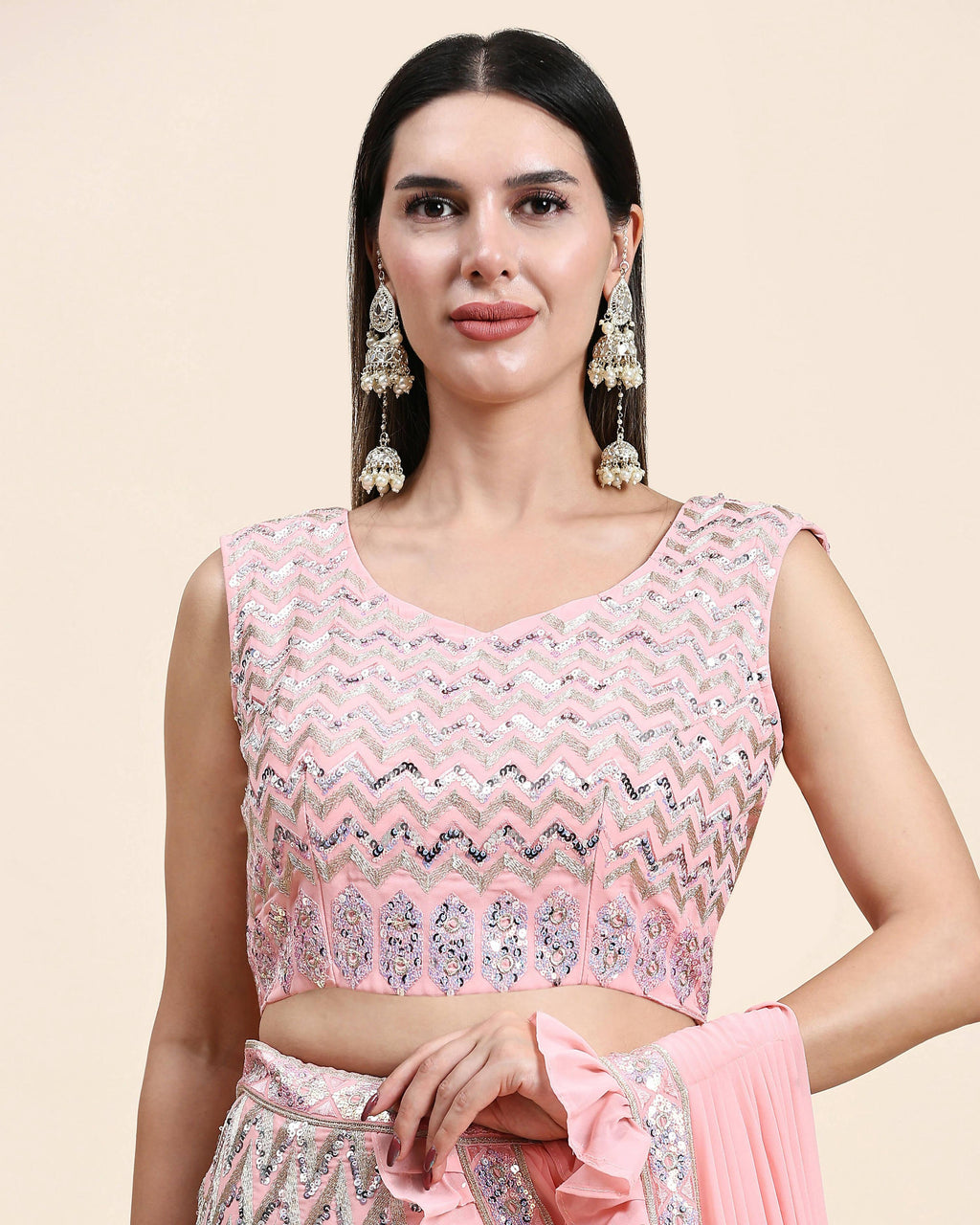 Pink Pure Viscose Georgette Thread With Sequins Embroidery Work Lehenga Choli With Dupatta - Tanya | Grocsy