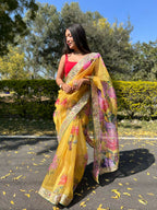 Vamsee Yellow Organza Saree | Grocsy