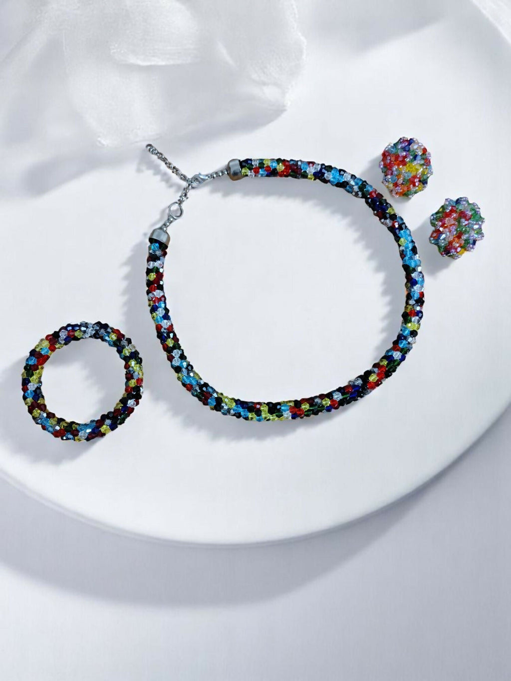 Inhanns Complete Look Crystal Statement 3-Piece Set (Adjustable Necklace + Earrings + Adjustable Bangle ) - Multi Colour | Grocsy